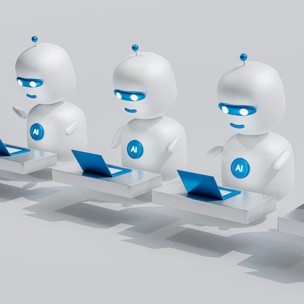 Cartoon illustraiton of four little white robots looking at little blue laptop computers