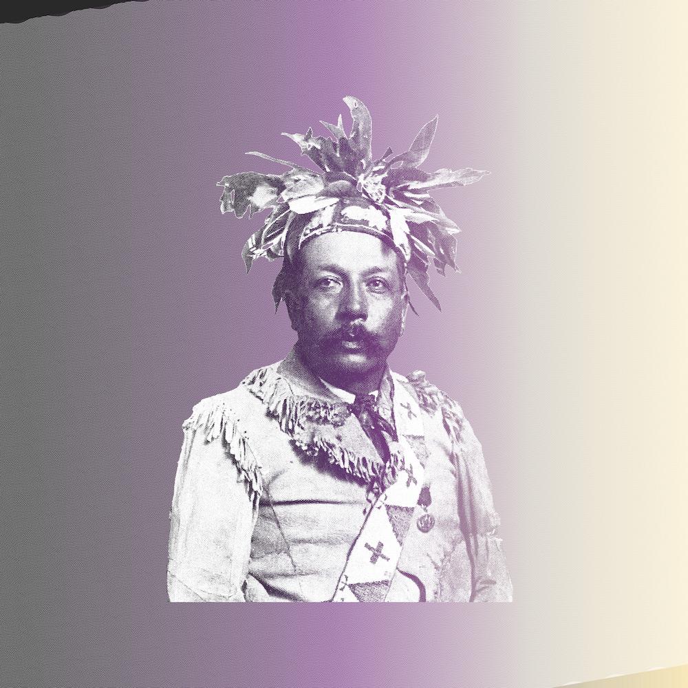 Stylized image featuring a photograph of a person wearing a beaded sash and a headpiece made of leaves