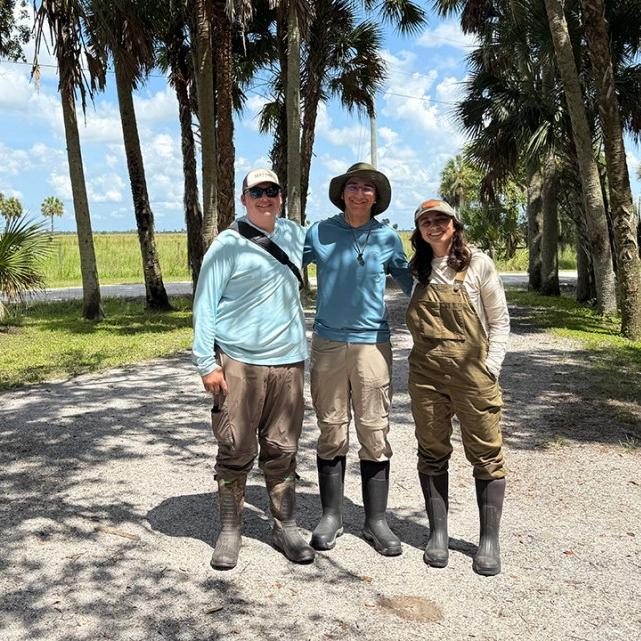 		Three people in farm work boots together under palm trees
	