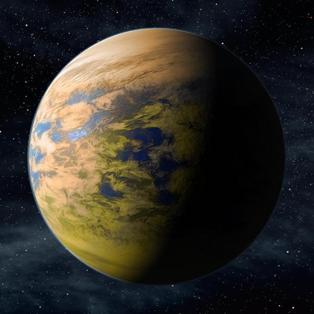 Illustration of a planet covered in orange-tinted clouds