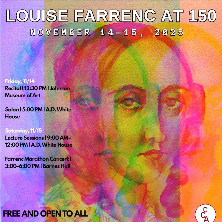Event poster in bright purple, pink and orange hues: Louise Farrence at 150