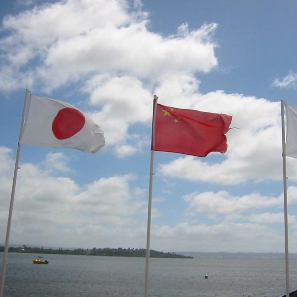 Flags of east Asia on poles near a body of water. Blue sky behind them