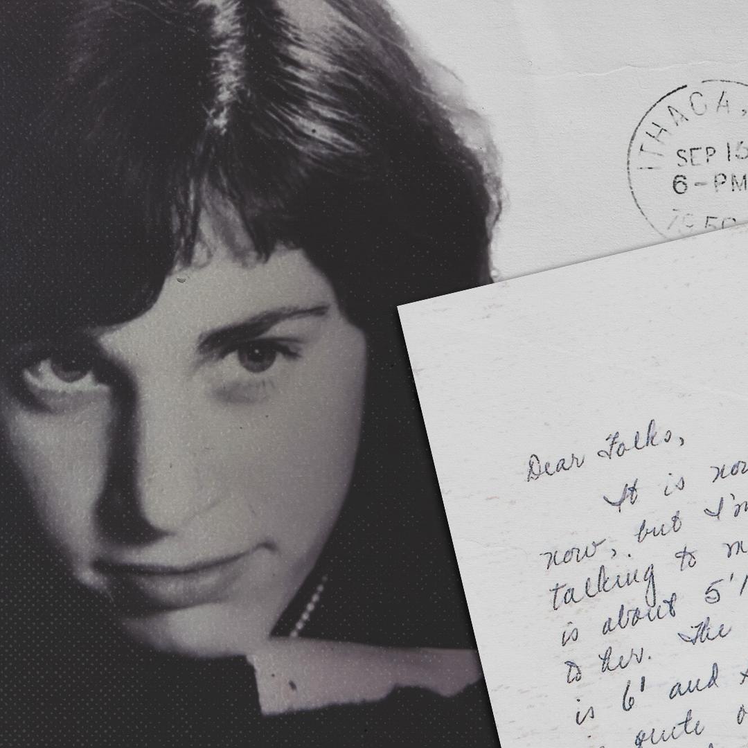 		Black and white image of a college student's face next to an image of a hand-written letter
	