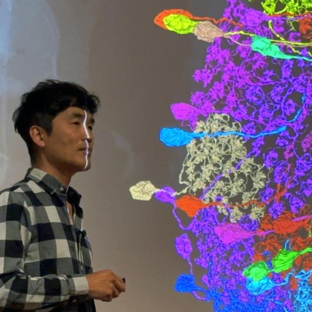 		Man with checkered shirt standing in front of a screen with a multi-colored quilt of neurons
	