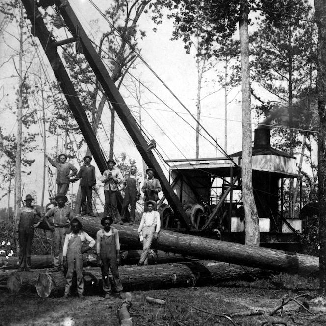 historical black and white photo of about 10 lumber workers posing on a mechanized crane in the woods. They are standing on felled trees.