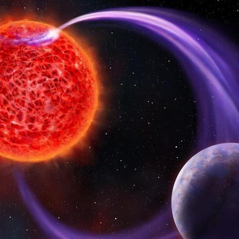 A red star and an earth-like planet with purple lines between them (illustration)