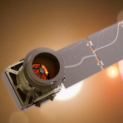 		Artist's illustration of the Pandora spacecraft with an exoplanet and two stars in the background
	