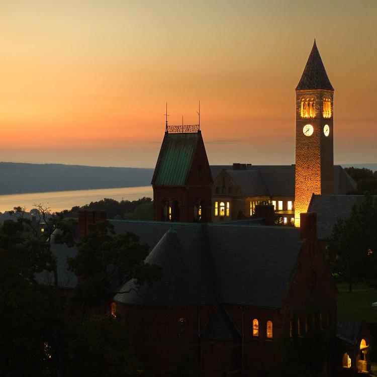 College campus buildings with lights on at dusk