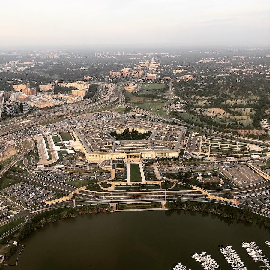 Aeriel view of a building complex; the center structure is pentagonal