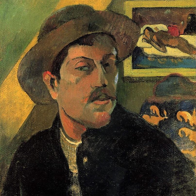 		painting by Paul Gauguin showing the artist wearing a hat with a wall and some furniture behind him. On the wall is a framed painting of a person lying on a bed
	