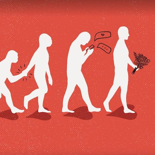 Illustration parody of an ape evolving into a human–holding a bouquet of flowers
