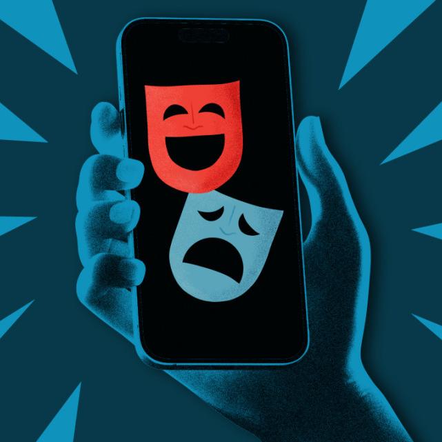 Illustration of a hand, shown in blue, holding a phone screen showing a red comedy mask and a blue tragedy mask