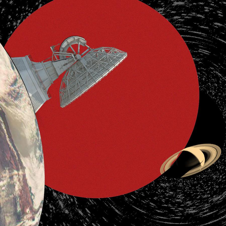 Decorative illustration featuring parts of planet Earth, a round red circle, and Saturn, on the black and white textured background