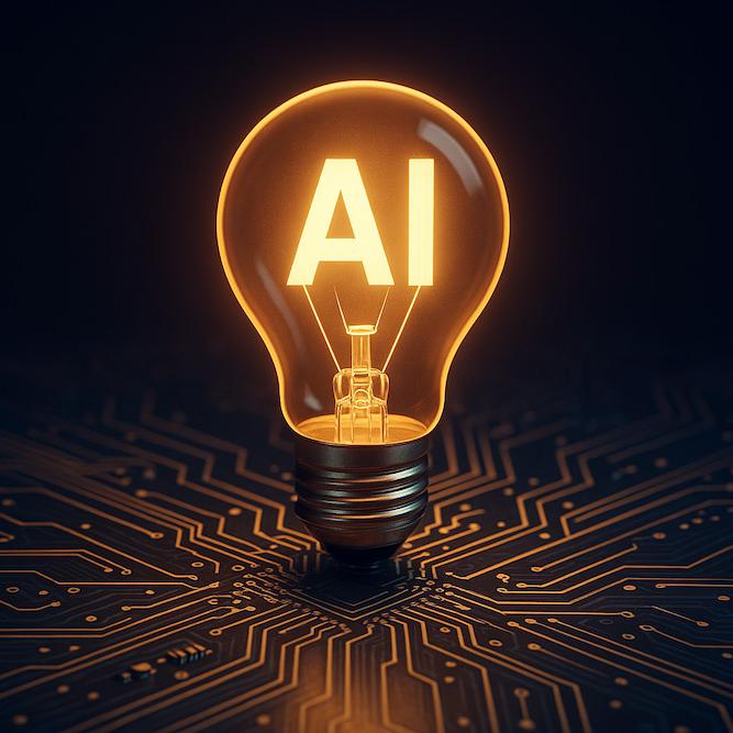 Light bulb growing out of a circuitboard with "AI" glowing in its center