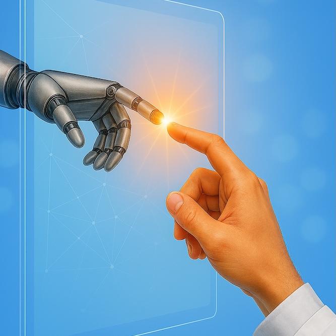 		semi-realistic image of a human hand reaching toward a robot hand through a screen
	