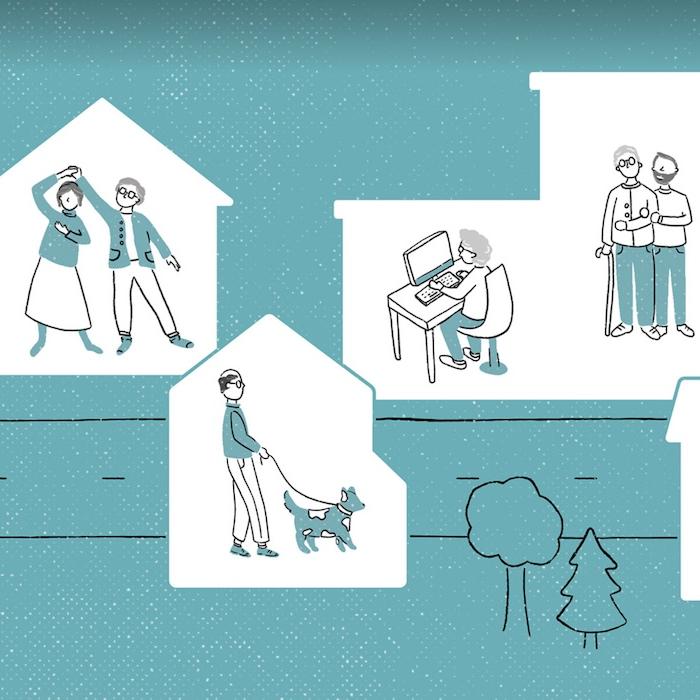 Illustration featuring boxes will figures doing various activities: dancing, walking a dog, reading a book in a chair