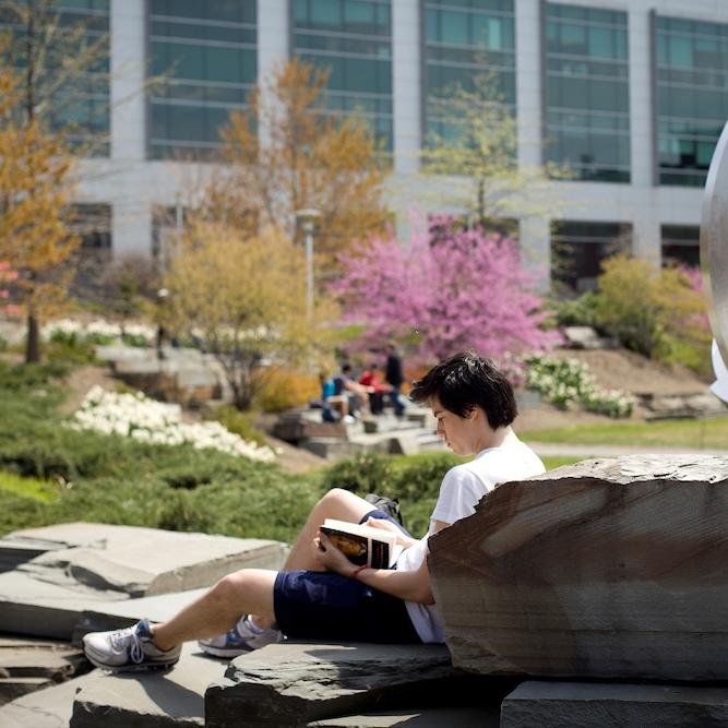 		Person reading a book while sitting on a large rock outdoors
	
