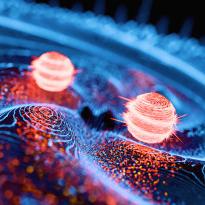 		Two glowing red balls situated on blue waves
	