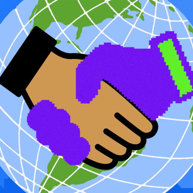 Illustration showing two cartoon hands clasped in front of an Earth