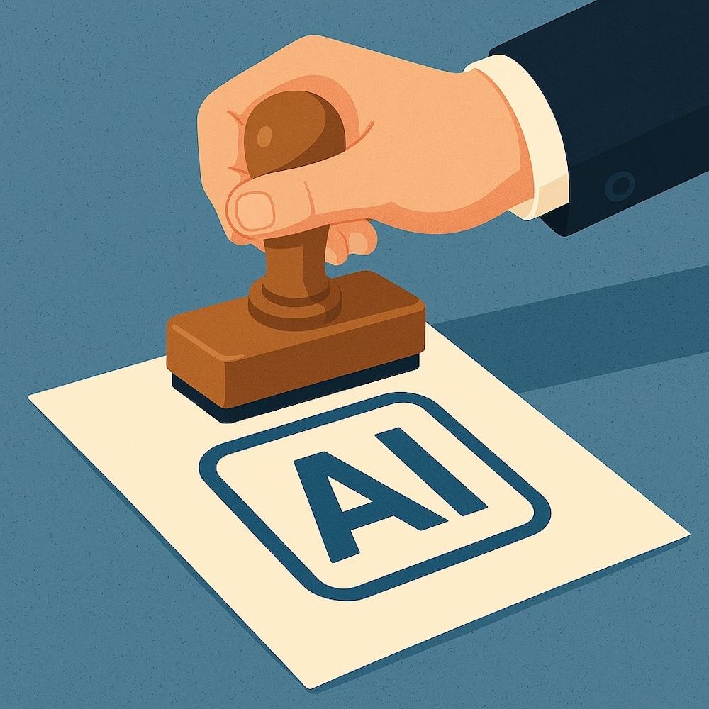 Illustration of a hand rubber stamping a paper with "AI" written on it