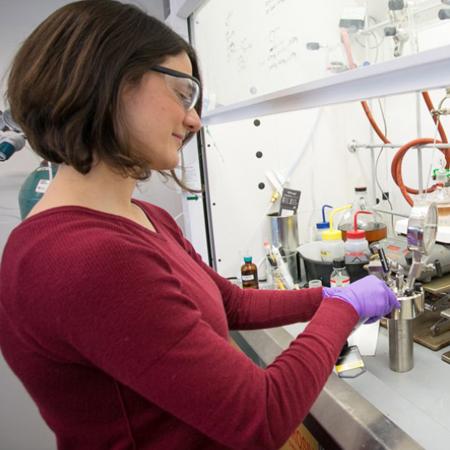 		 Kristina Hugar, Ph.D. ‘15, Ecolectro’s chief science officer, conducts research in the startup’s laboratory space at Cornell’s McGovern Center.
	