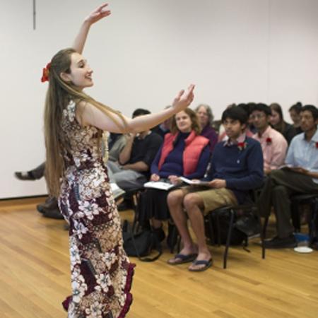  ILR student Sofia Lokelani Boucher ’19 performed a chant, hula dance and poem in Hawaiian in honor of Earth Day