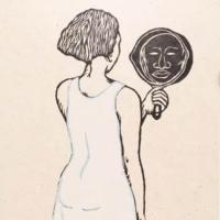 Artwork showing a woman in a blue dress looking into a mirror.