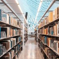 View between two library shelves full of books
