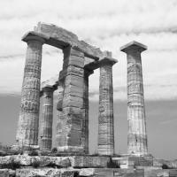 ancient stone pillars, black and white image