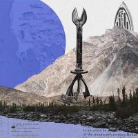 Composit image of a man wearing glasses, a purple moon, a mountain, and a metal monument