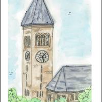 Colorful drawing of a clock tower