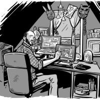 Black and white comic image of a person sitting at a desk, drawing