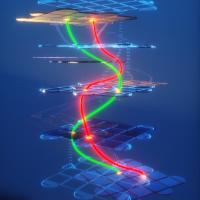 Illustration: stack of blue grids shot through with green and red glowing lines