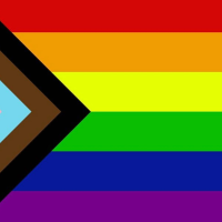 LGBTQ flag, multicolored arrow shape pointing right at multicolored rows