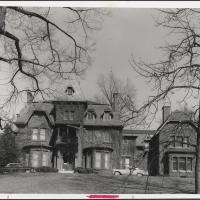 A black and white image of a Gothic mansion, Cornell's A. D. White House