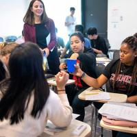  Students and teacher in active learning classroom