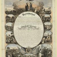  Print shows at center the text of the Emancipation Proclamation with vignettes surrounding it; on the left are scenes related to slavery and on the right are scenes showing the benefits attained through freedom; also shows Justice and Columbia at the top 