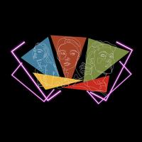  colorful triangles with faces sketched on each; black background