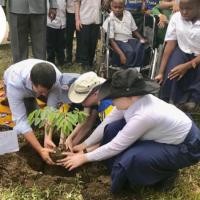  Thomas Nolan plants a tree with students