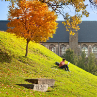  A student sits on a grassy hill near a tree turned orange by autumn