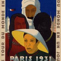  A 1931 poster showing a  man in a Chinese hat, an Arab in headdress, a Native American and an African