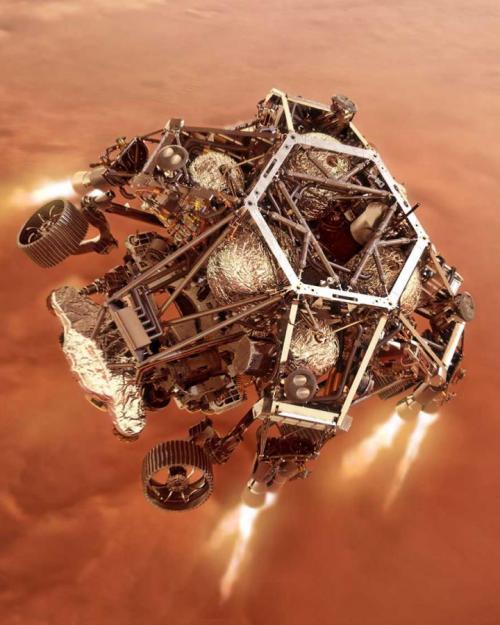 Mars rover approaches landing with jets blazing