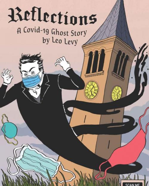 comic showing ghost, McGraw Tower and COVID mask