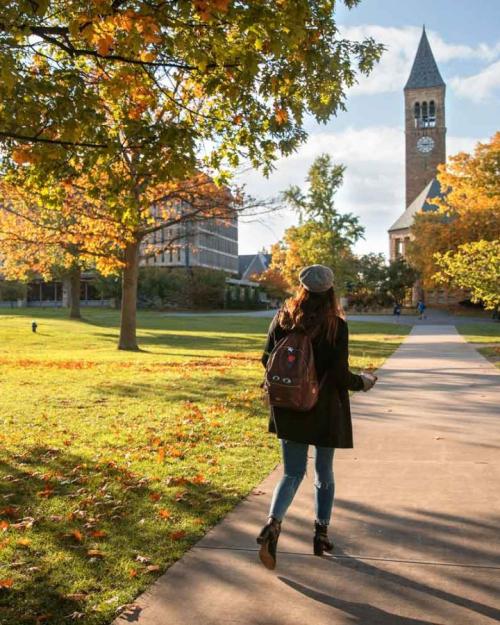 Student walks on Arts Quad in fall