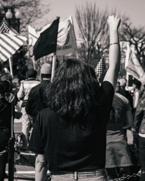 A woman standing with her fist upraised at a protest at the White House