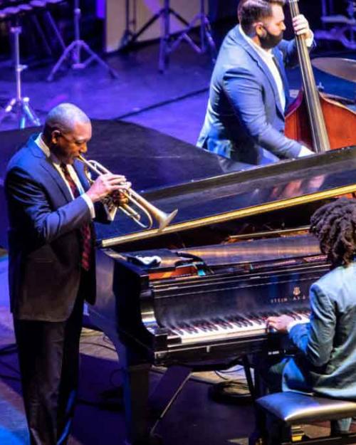band members on trumpet, bass, drums and piano