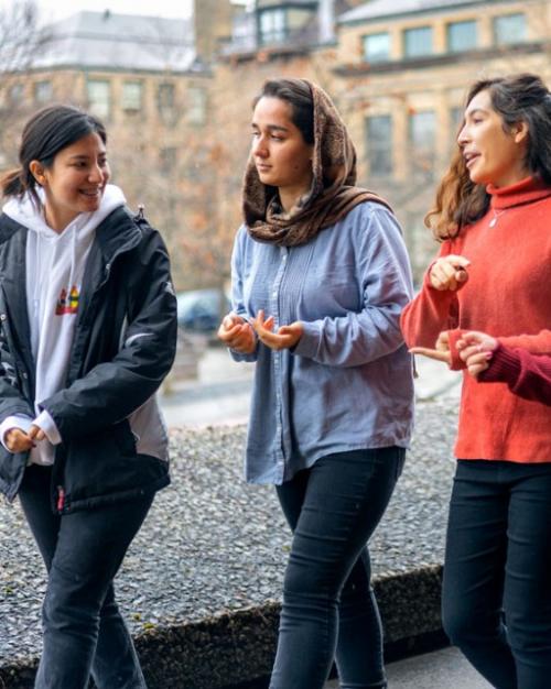 Four people walk along together
