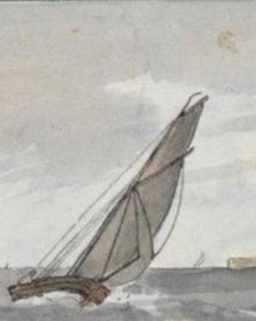 Watercolor painting of a coastline with a sail boat
