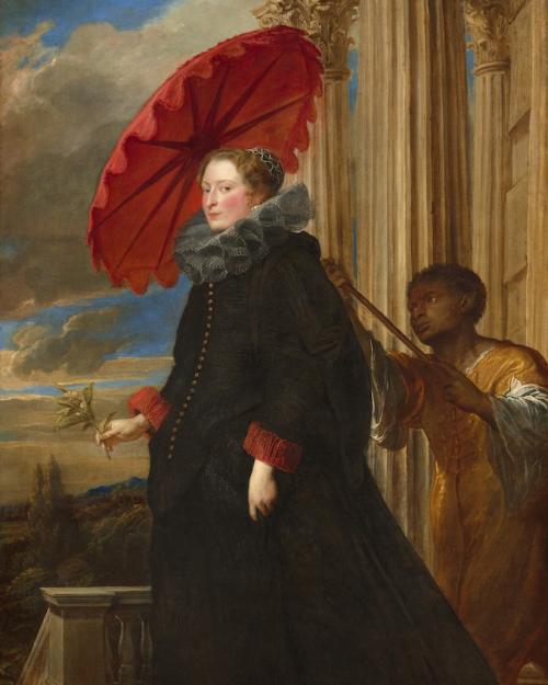 Painting showing a regal woman in magnificent black dress; a servant holds a red parasol over her