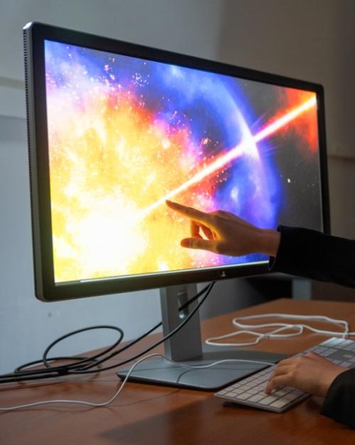 		Person pointing to a brightly lit, colorful computer schreen
	